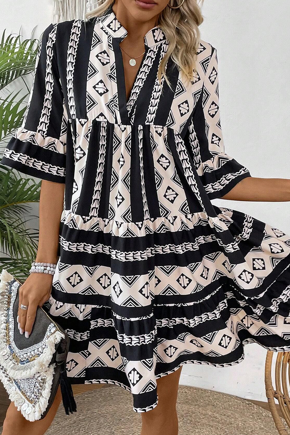 Black Geometric Print V Neck Ruffled Dress Mini Dresses JT's Designer Fashion