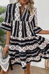 Black Geometric Print V Neck Ruffled Dress Mini Dresses JT's Designer Fashion