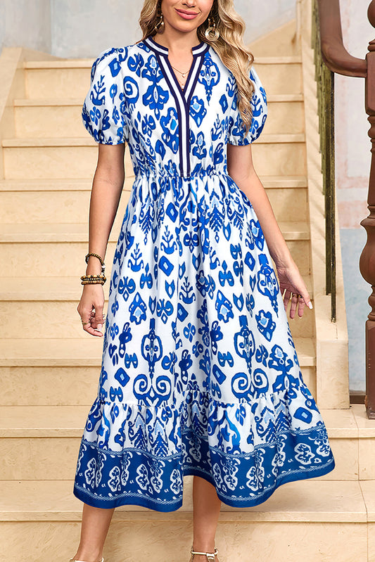 Blue Floral Puff Short Sleeve V Neck High Waist Maxi Dress Blue 100%Polyester Floral Dresses JT's Designer Fashion