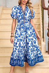 Blue Floral Puff Short Sleeve V Neck High Waist Maxi Dress Blue 100%Polyester Floral Dresses JT's Designer Fashion