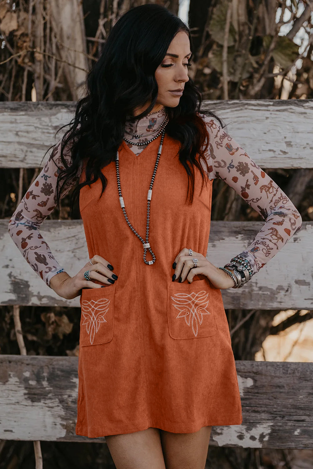 Gold Flame Corduroy Western Embroidered Patched Pocket Shift Sleeveless Mini Dress Mini Dresses JT's Designer Fashion
