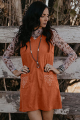 Gold Flame Corduroy Western Embroidered Patched Pocket Shift Sleeveless Mini Dress Mini Dresses JT's Designer Fashion