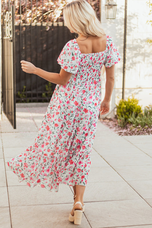 Pink Floral Puff Sleeve Square Neck Empire Waist Tiered Maxi Dress Floral Dresses JT's Designer Fashion