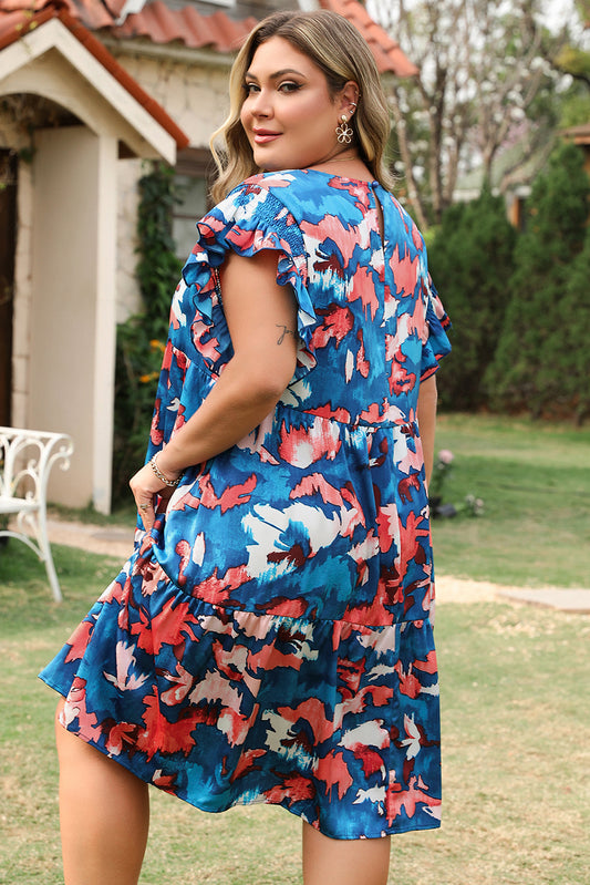Blue Abstract Print Shirred Ruffled Short Sleeve Tiered Plus Size Mini Dress Plus Size Mini Dresses JT's Designer Fashion