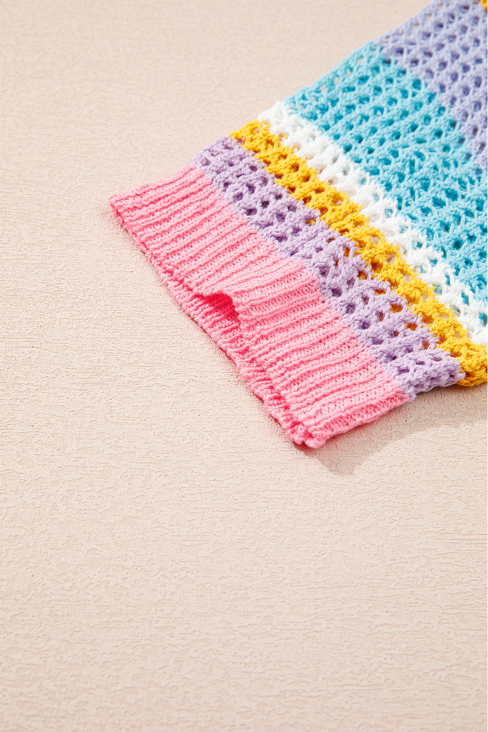 Pink Stripe Plus Size Open Knit Patch Pocket Short Sleeve Sweater Plus Size Sweaters & Cardigans JT's Designer Fashion