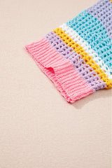 Pink Stripe Plus Size Open Knit Patch Pocket Short Sleeve Sweater Plus Size Sweaters & Cardigans JT's Designer Fashion