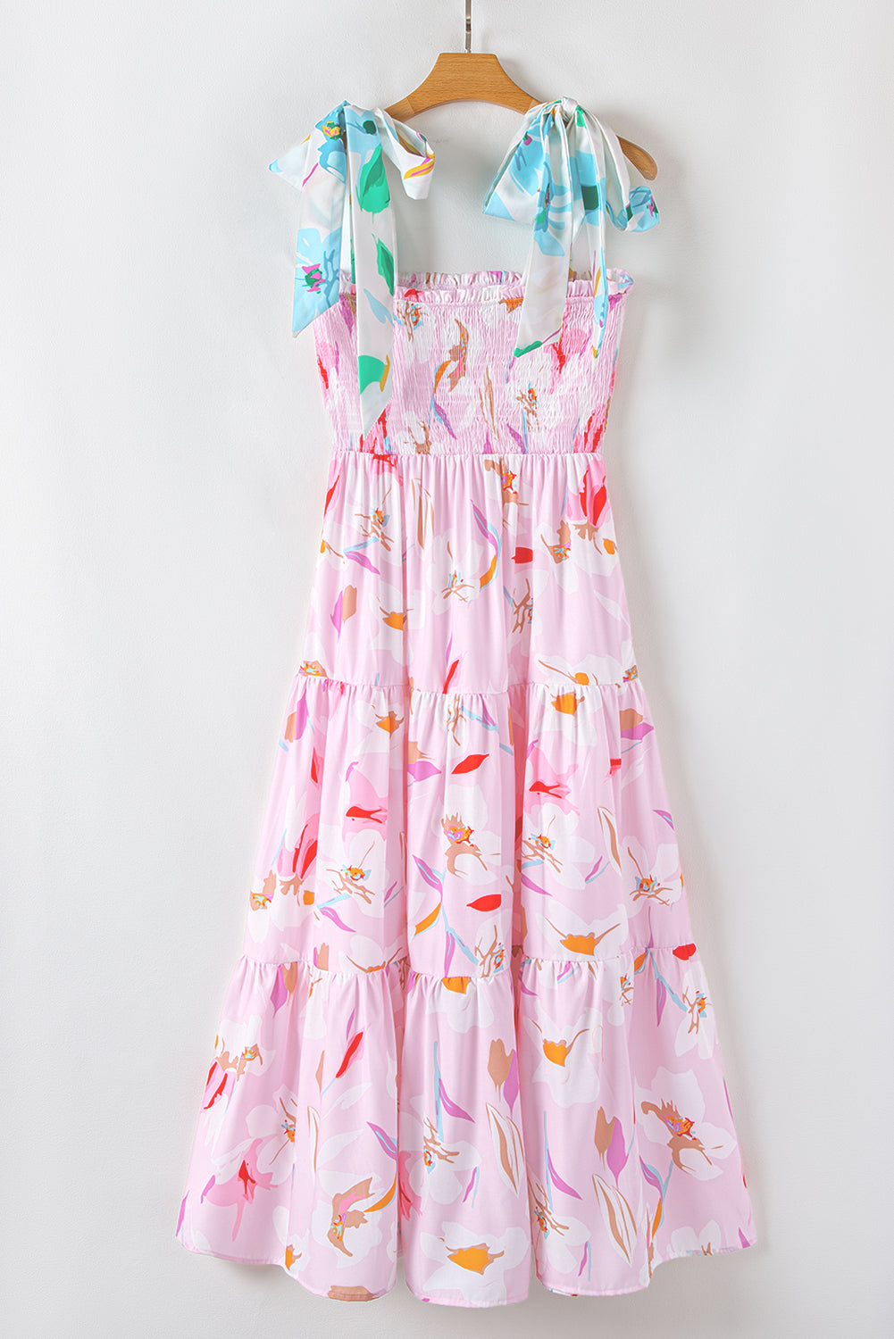 Pink Floral Print Knotted Shoulder Smocked Maxi Dress Floral Dresses JT's Designer Fashion