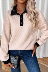 Oatmeal Textured Colorblock Edge Buttoned Collar Sweatshirt Sweatshirts & Hoodies JT's Designer Fashion