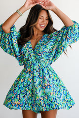 Green Abstract Print Puff Sleeve V Neck High Waist Romper Jumpsuits & Rompers JT's Designer Fashion