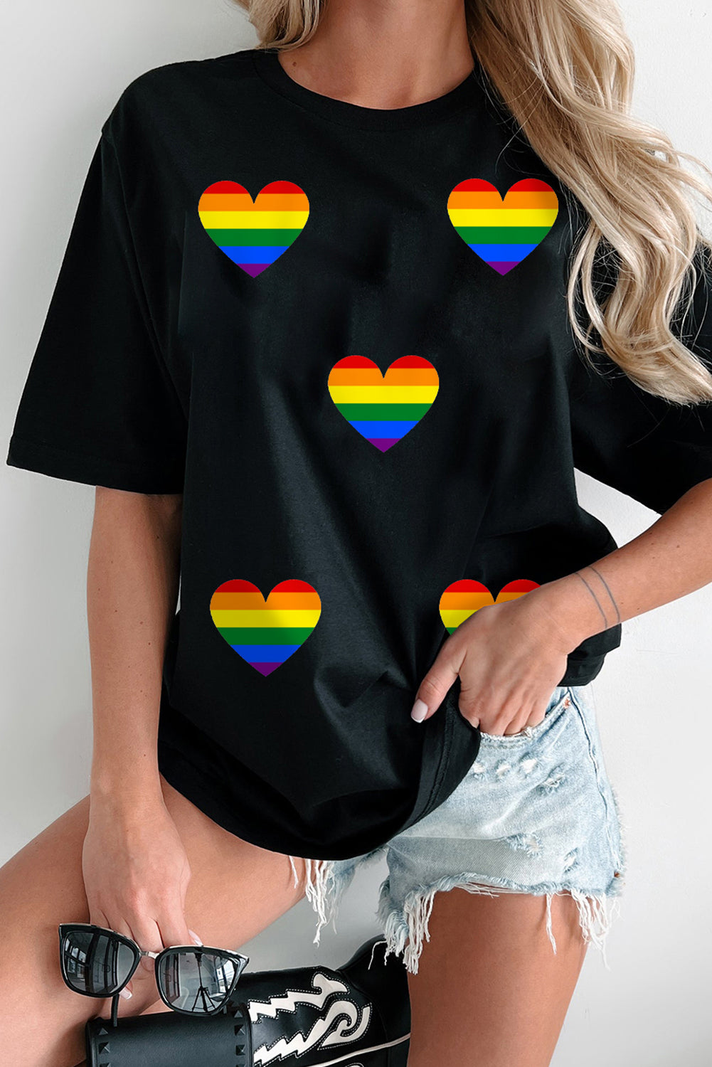 Black Heart Print Crew Neck Chic T Shirt Graphic Tees JT's Designer Fashion
