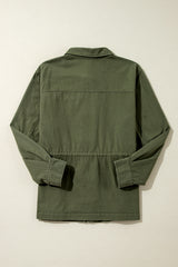 Moss Green Snap Button Zipper Tight Waist Collared Jacket Jackets JT's Designer Fashion