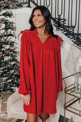 Fiery Red Textured Ruffled Trim V Neck Loose Fit Mini Dress Mini Dresses JT's Designer Fashion