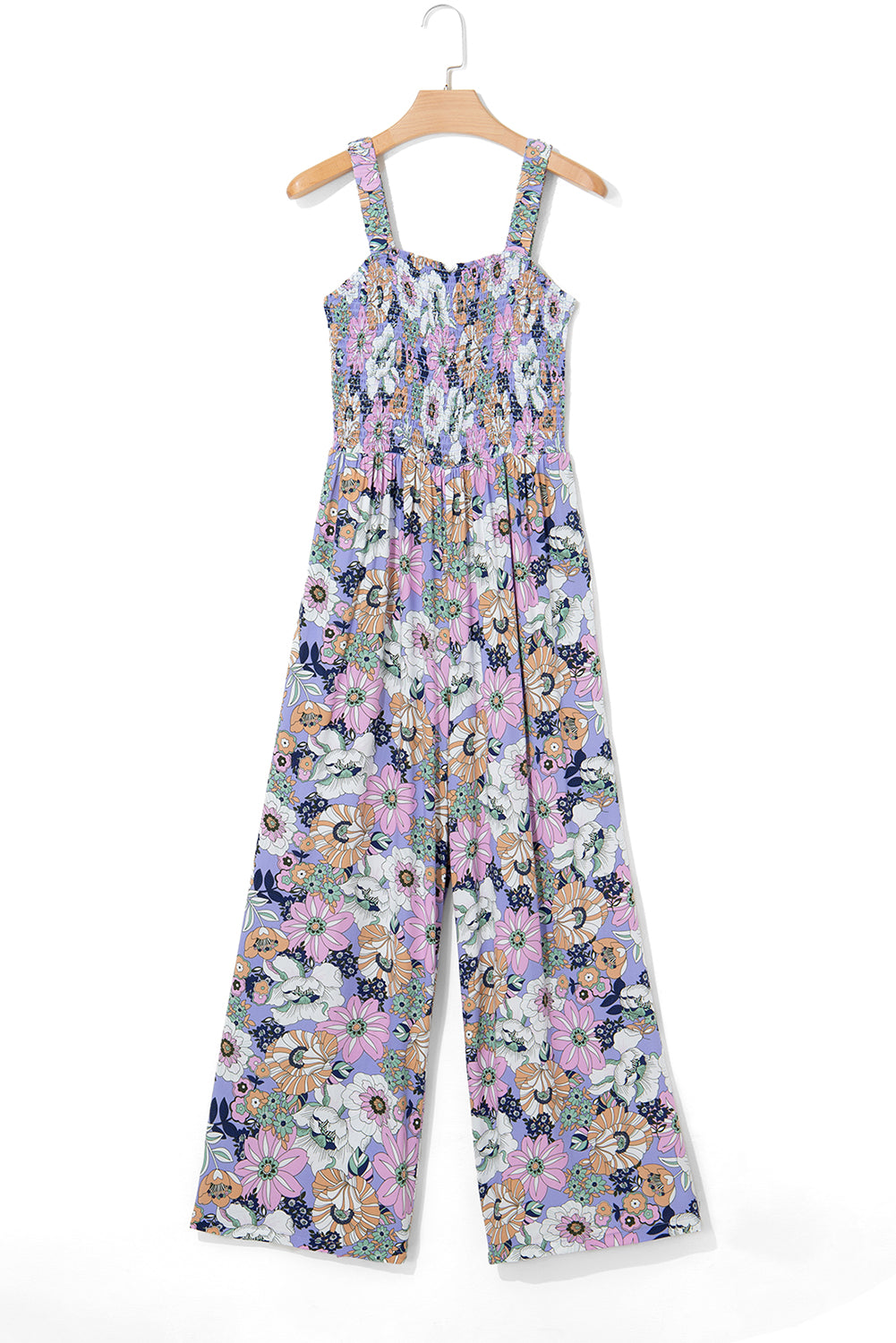 Purple Floral Print Smocked High Waist Square Neck Jumpsuit Dresses JT's Designer Fashion