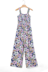 Purple Floral Print Smocked High Waist Square Neck Jumpsuit Dresses JT's Designer Fashion