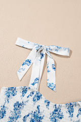 Sky Blue Floral Print Shirred Knot Shoulder Sleeveless Long Dress Floral Dresses JT's Designer Fashion
