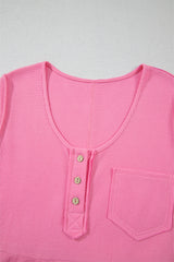 Bright Pink Waffle Textured Button Round Neck A-line Tiered Sleeveless Dress Mini Dresses JT's Designer Fashion