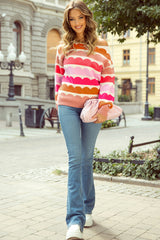 Rose Red Wave Striped Balloon Sleeve Drop Shoulder Sweater Sweaters JT's Designer Fashion