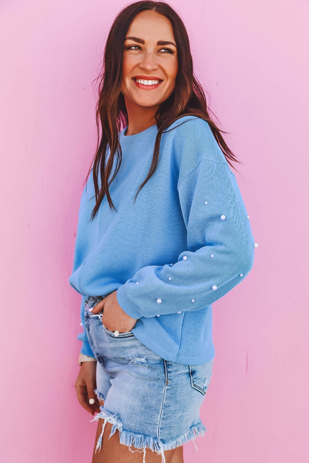Myosotis Pearled Sleeves Drop Shoulder Round Neck Pullover Sweatshirt Sweatshirts & Hoodies JT's Designer Fashion