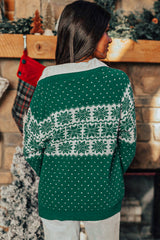Green Christmas Snowflake Dotted Print Round Neck Sweater Sweaters JT's Designer Fashion