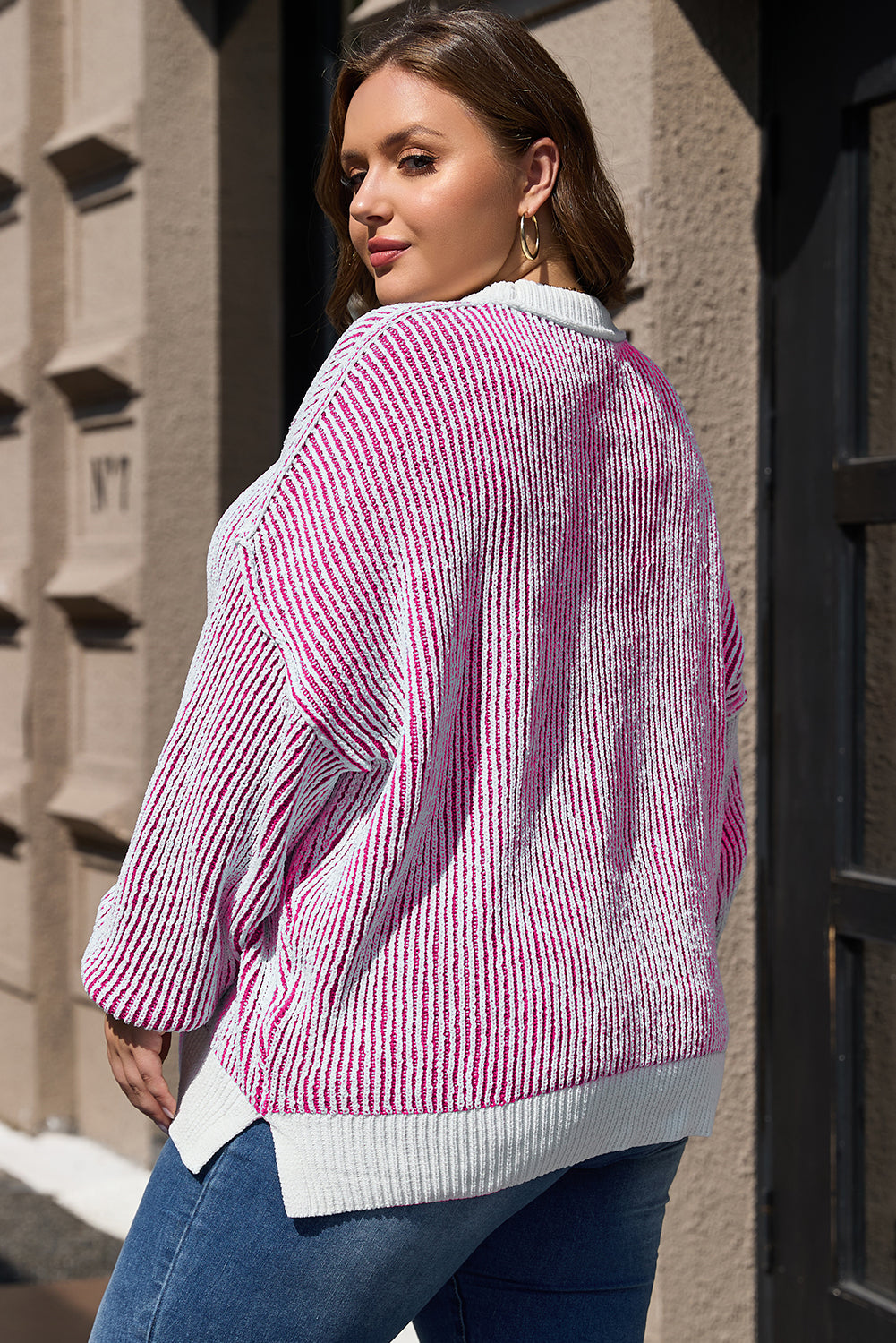 Bright Pink Striped Textured Knit Contrast Edge Loose Sweater Sweaters JT's Designer Fashion