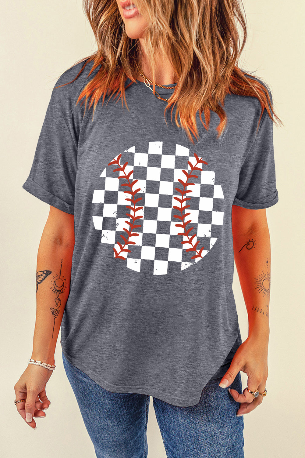 Gray Vintage Checkered Baseball Graphic Tee Graphic Tees JT's Designer Fashion