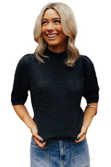 Black Knotted Keyhole Nape Short Sleeve Knit Sweater Top Sweaters & Cardigans JT's Designer Fashion