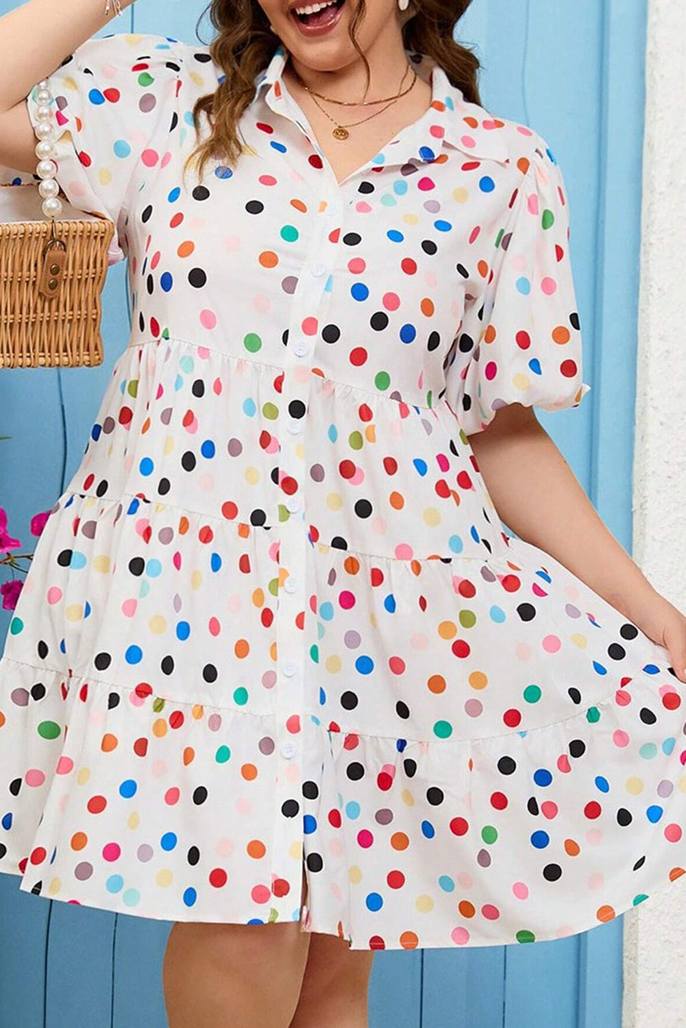 White Polka Dot Print Bubble Sleeve Button Up Plus Size Shirt Dress White 100%Polyester Plus Size Mini Dresses JT's Designer Fashion