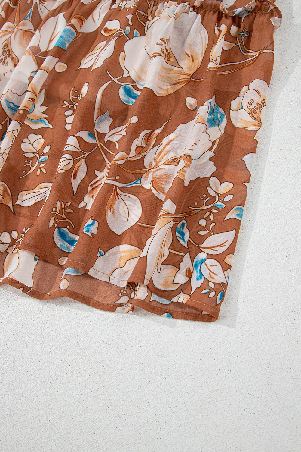 Brown Floral Print Shirred Square Neck High Waist Long Dress Maxi Dresses JT's Designer Fashion
