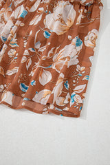 Brown Floral Print Shirred Square Neck High Waist Long Dress Maxi Dresses JT's Designer Fashion