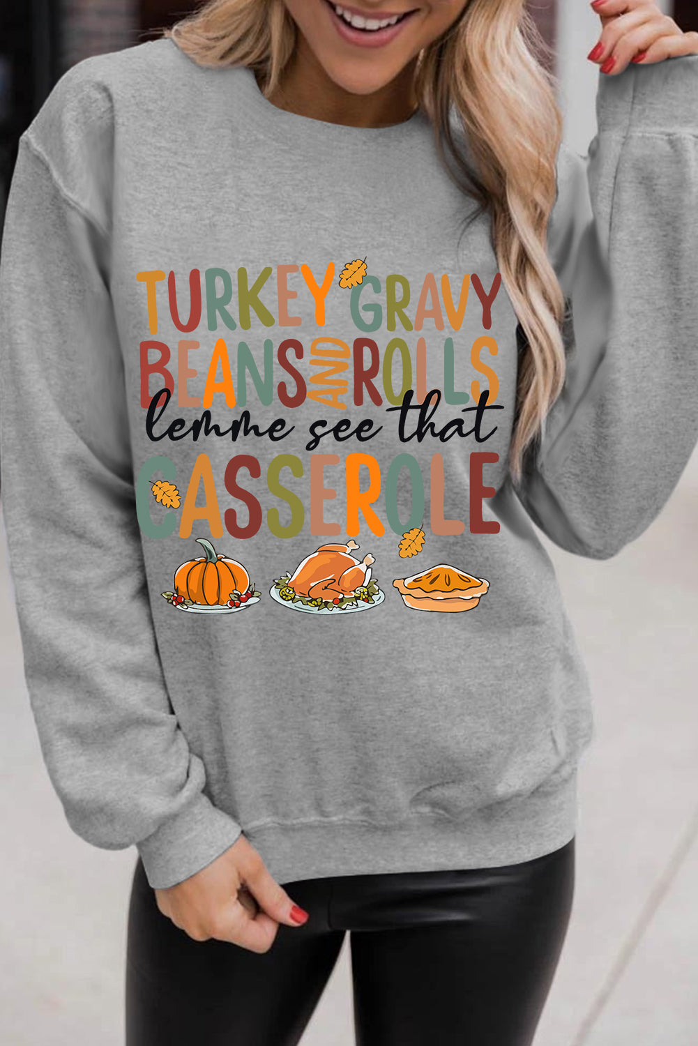 Gray Thanksgiving Slogan Pumpkin Turkey Pie Graphic Sweatshirt Graphic Sweatshirts JT's Designer Fashion