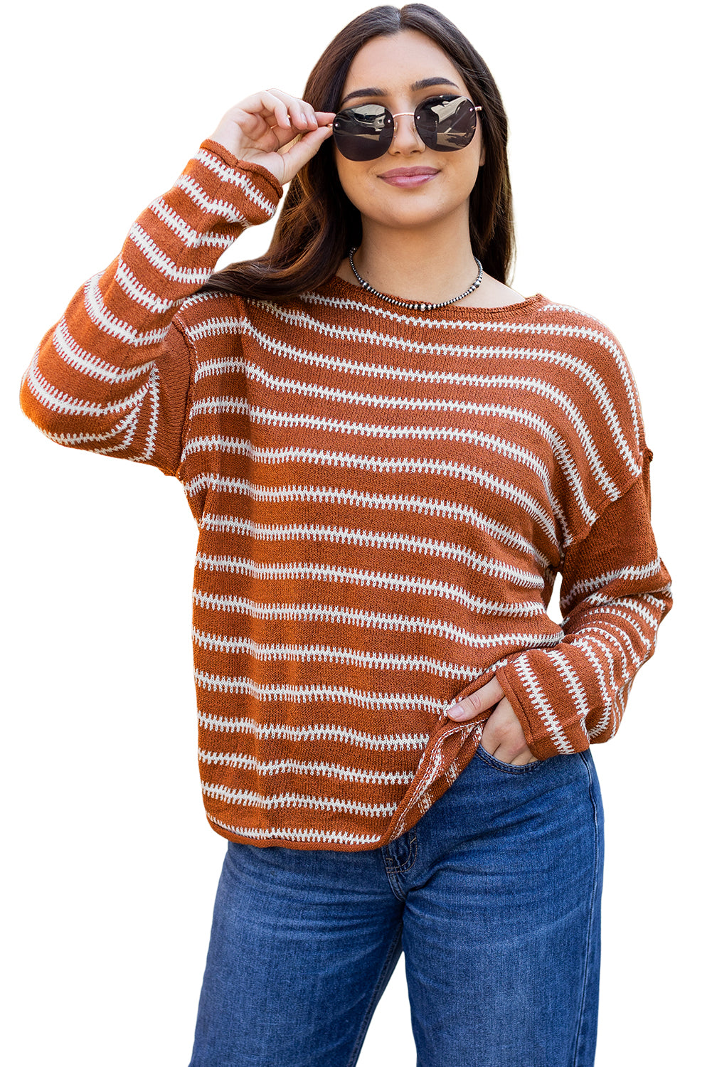 Brown Stripe Drop Shoulder Casual Sweater Sweaters JT's Designer Fashion