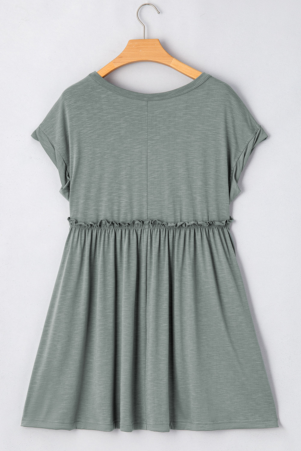Mist Green Frilled Gathered Seam Round Neck T Shirt Dress T Shirt Dresses JT's Designer Fashion