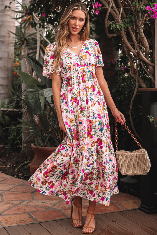 Red Floral Short Sleeve V Neck High Waist Maxi Dress Red 80%Viscose+20%Polyamide Floral Dresses JT's Designer Fashion