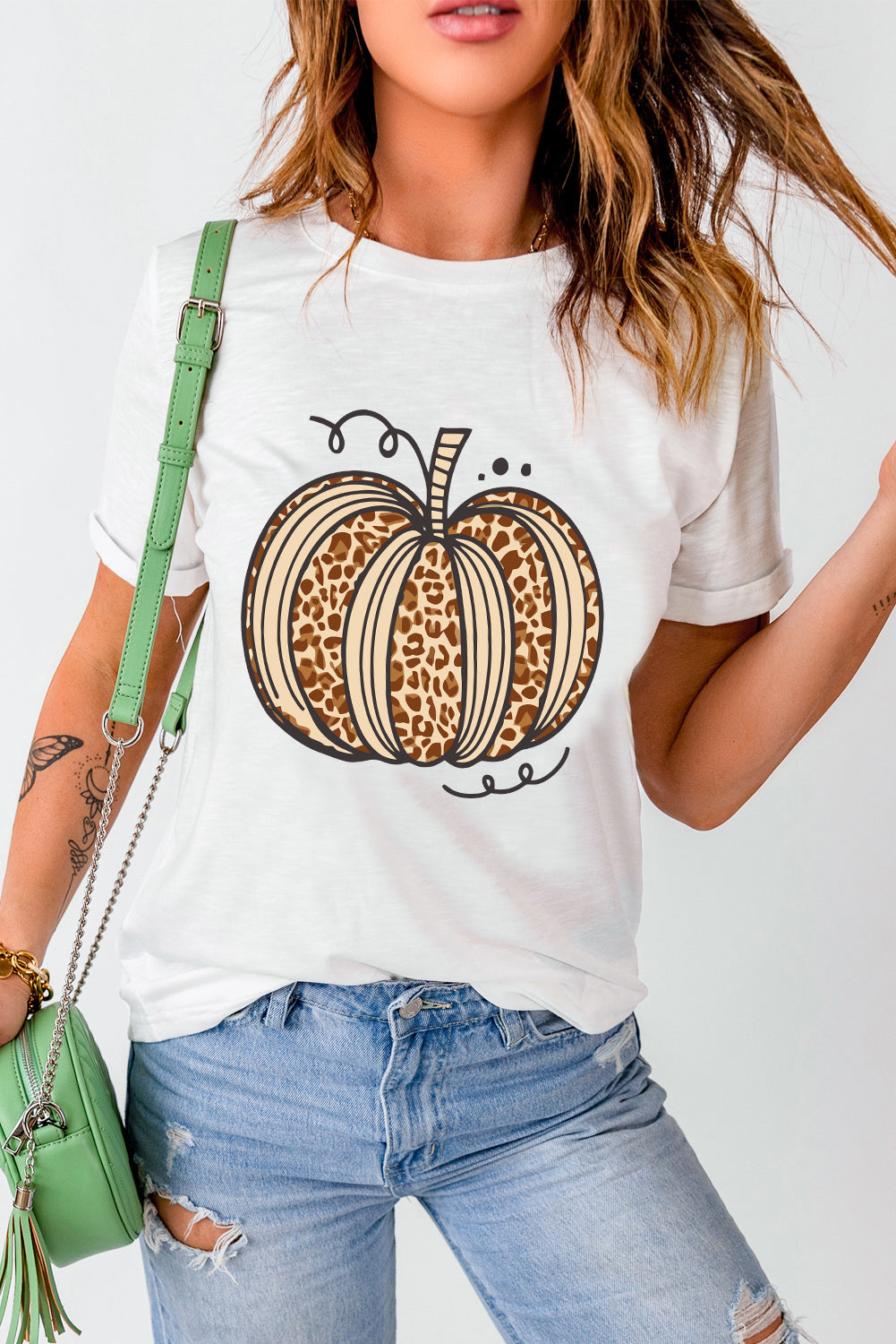 White Leopard Pumpkin Graphic Crewneck Halloween T Shirt Graphic Tees JT's Designer Fashion