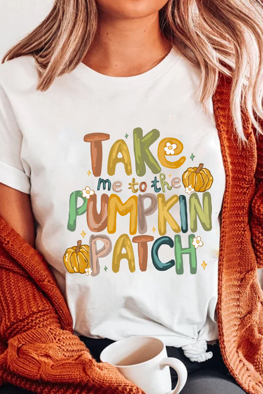 White Take Me To The Pumpkin Patch Cotton Blend T Shirt Graphic Tees JT's Designer Fashion