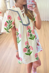 Apricot Floral Short Sleeve Split Neck Loose Mini Dress Floral Dresses JT's Designer Fashion