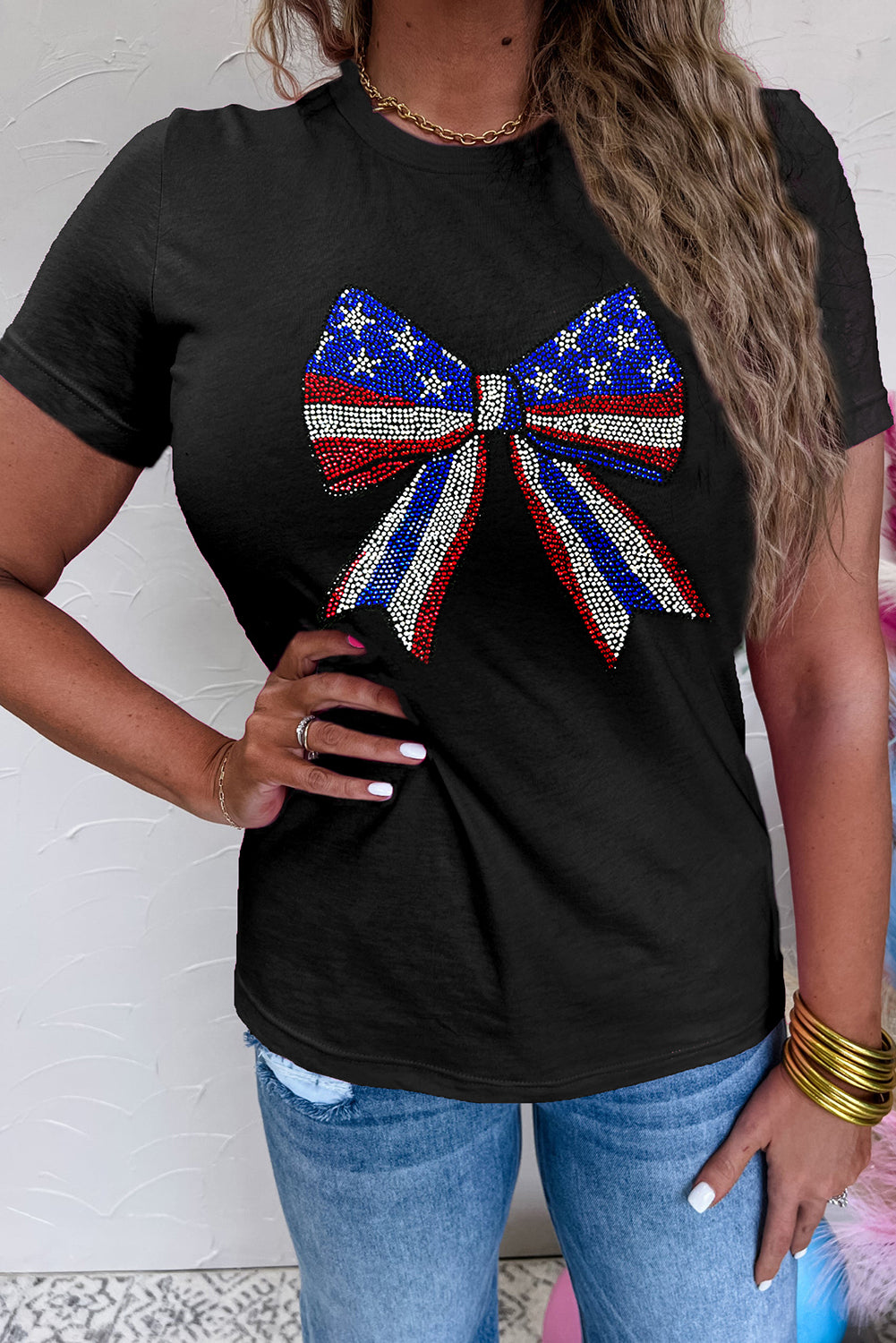 Black Rhinestone Stars and Stripes Bow Graphic Independence Day T Shirt Graphic Tees JT's Designer Fashion