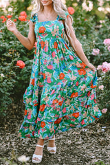 Green Floral Print Sleeveless Ruffle Tiered Maxi Dress Floral Dresses JT's Designer Fashion