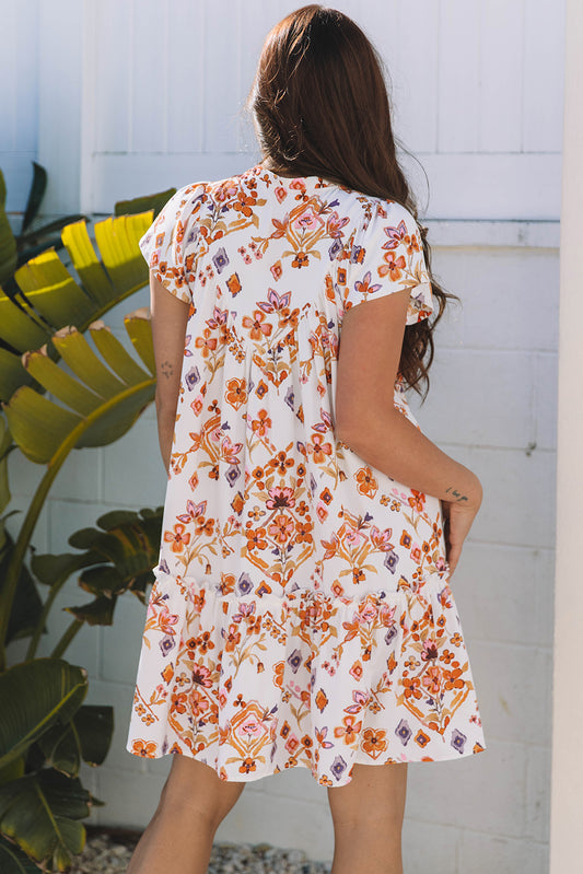 Apricot Floral Geometric Print Ruffled Trim Flutter Sleeve Mini Dress Floral Dresses JT's Designer Fashion