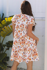 Apricot Floral Geometric Print Ruffled Trim Flutter Sleeve Mini Dress Floral Dresses JT's Designer Fashion