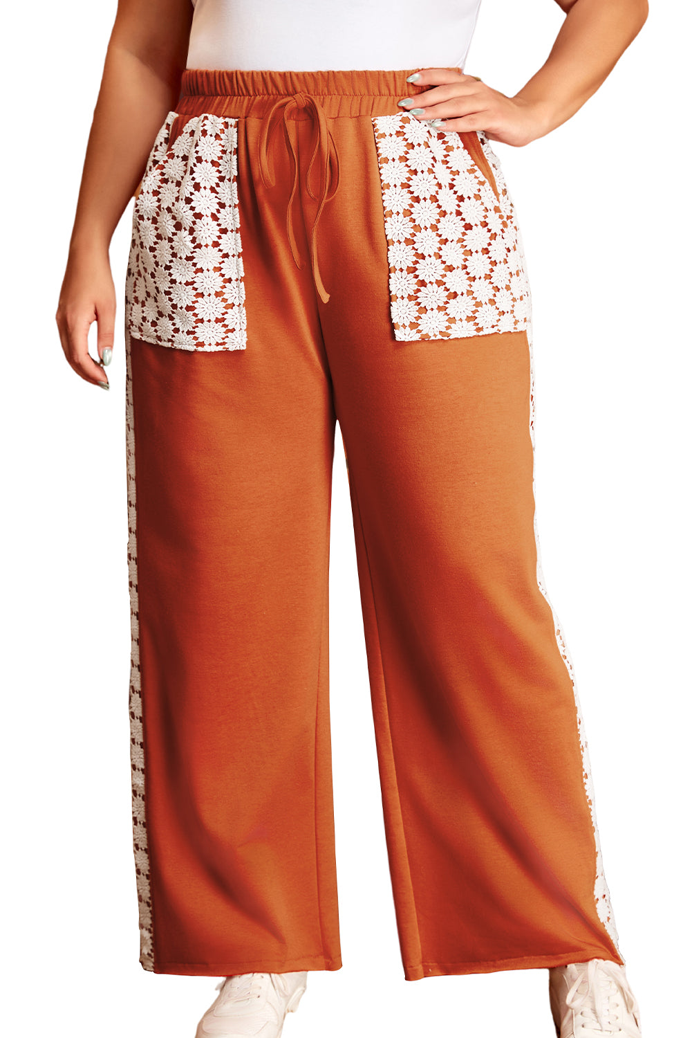 Gold Flame Plus Size Floral Crochet Patch Drawstring Wide Leg Pants Plus Size Bottoms JT's Designer Fashion