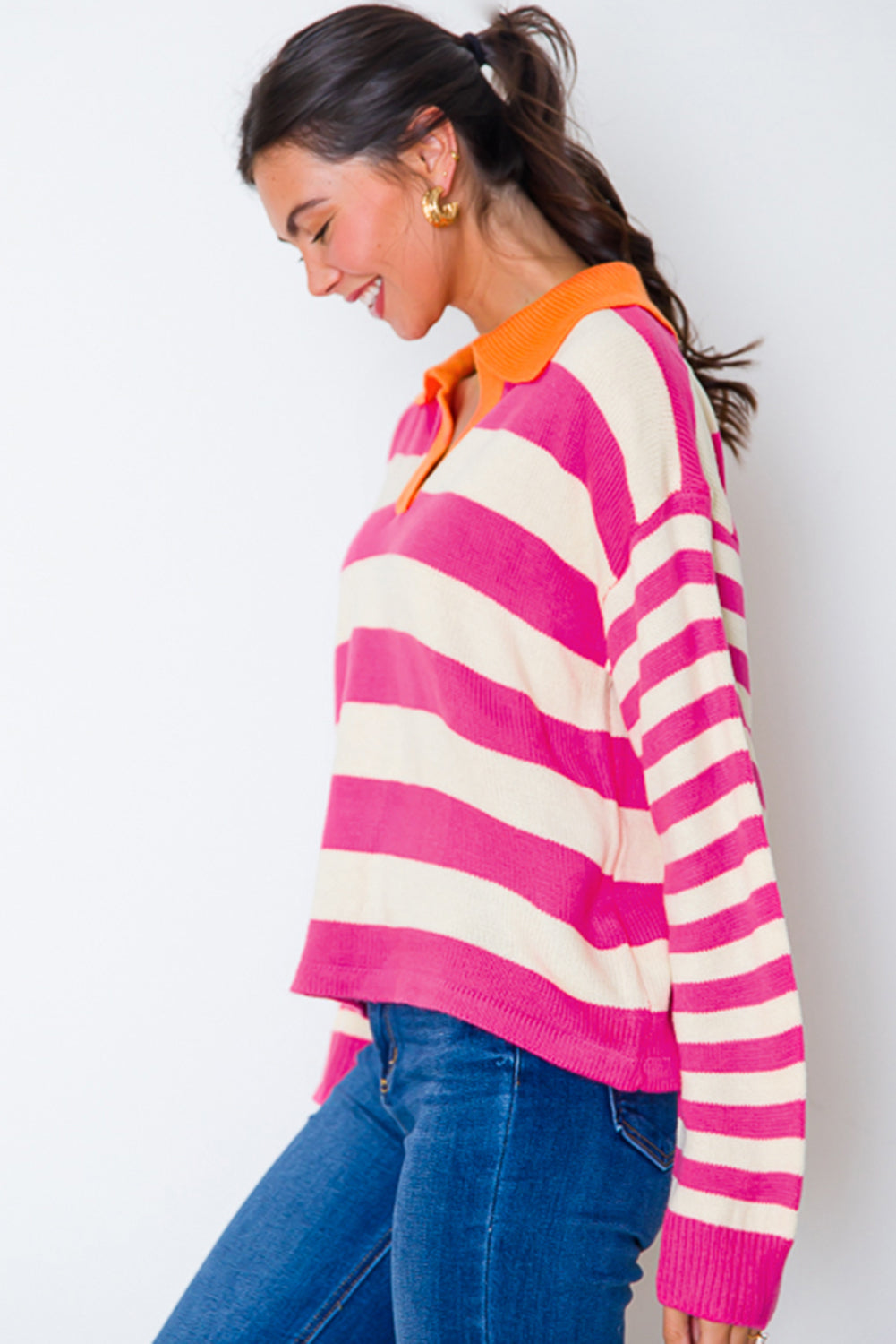 Rose Stripe Color Block Collared V Neck Drop Shoulder Sweater Sweaters JT's Designer Fashion
