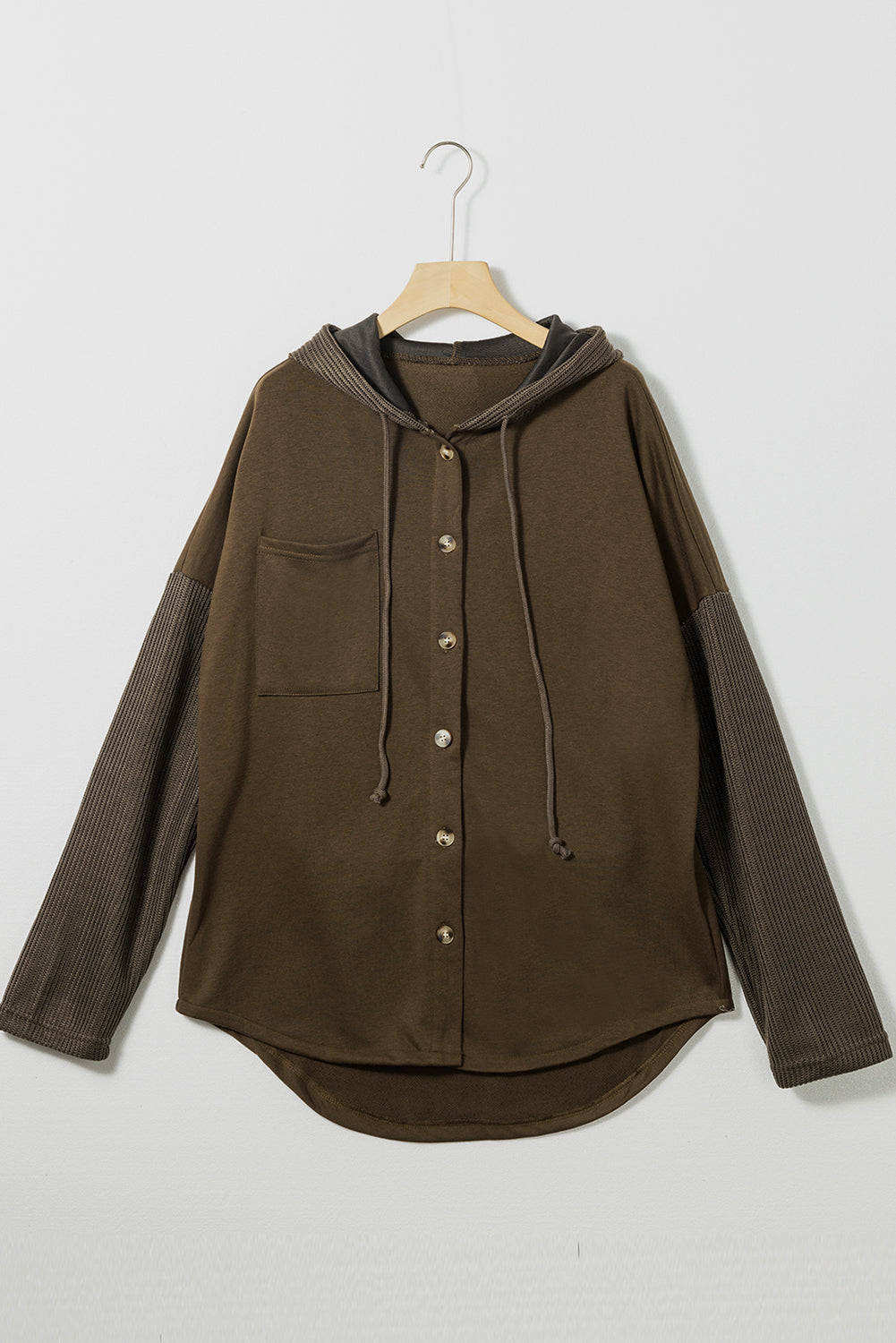Dark Brown Button Up Contrast Knitted Sleeves Hooded Jacket Jackets JT's Designer Fashion