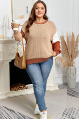 Light French Beige Contrast Stitch Detail Color Block Knitted Plus Size Sweater Plus Size Sweaters & Cardigans JT's Designer Fashion