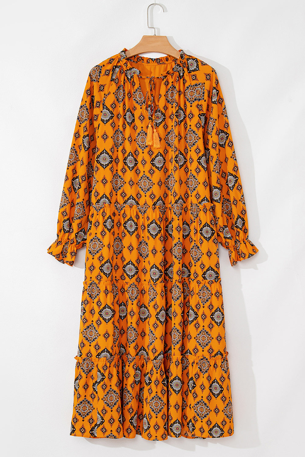 Orange Western Geometric Print Tiered Frilled Loose Fit Midi Dress Midi Dresses JT's Designer Fashion