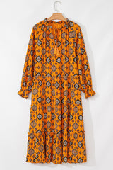 Orange Western Geometric Print Tiered Frilled Loose Fit Midi Dress Midi Dresses JT's Designer Fashion