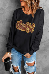 Black Glittering thankful Graphic Drop Shoulder Sweatshirt Graphic Sweatshirts JT's Designer Fashion