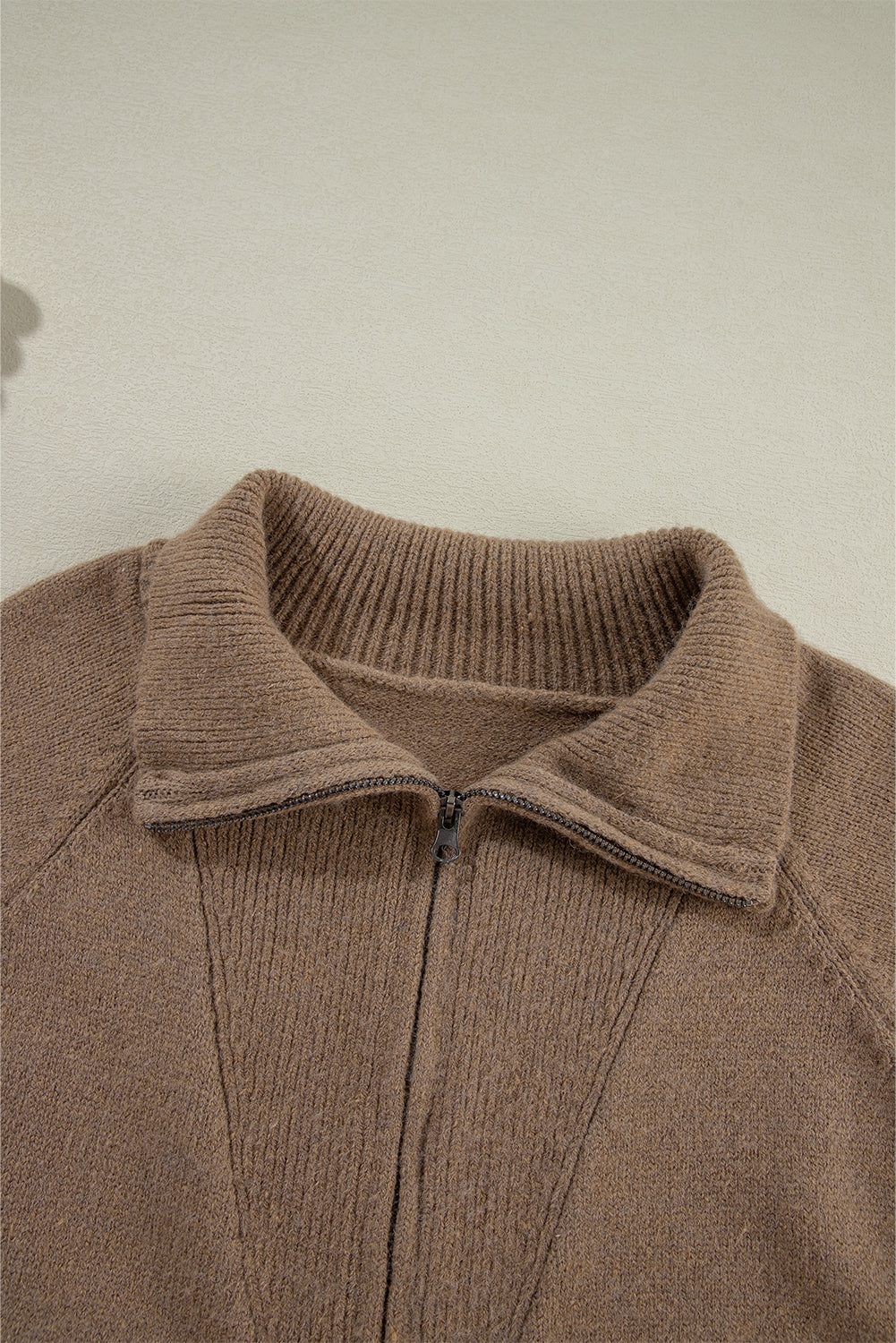 Brown Western Printed Ribbed Trim Collared Zip up Cardigan Cardigans JT's Designer Fashion