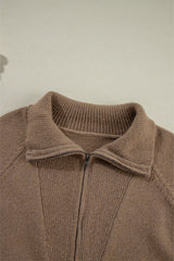 Brown Western Printed Ribbed Trim Collared Zip up Cardigan Cardigans JT's Designer Fashion