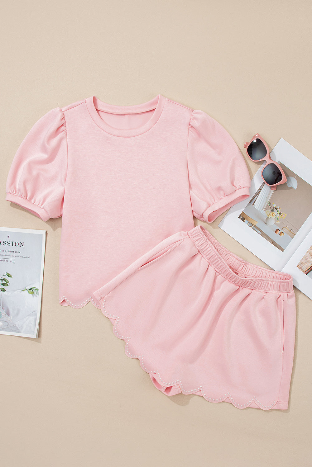 Light Pink Puff Sleeve Pearl Embellished Scallop Trim Top 2 Piece Skort Set Two Piece Dresses JT's Designer Fashion